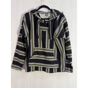 Original Senor Lopez Baja Hoodie Black Yellow Striped Mexican Poncho Medium